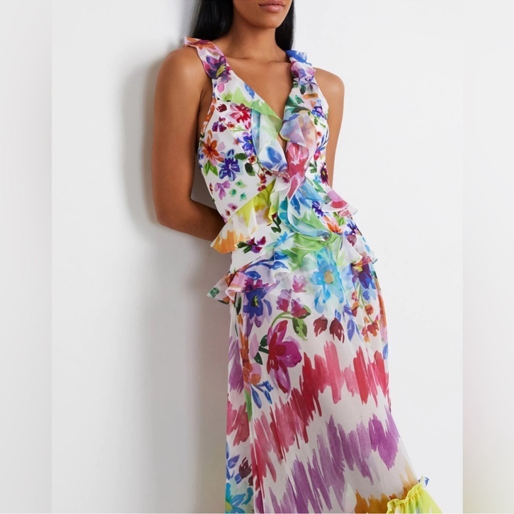 PatBO Bloom Maxi Dress NWT Small Multicolor Ruffle Hem Floral Vacation Resort - Picture 2 of 16